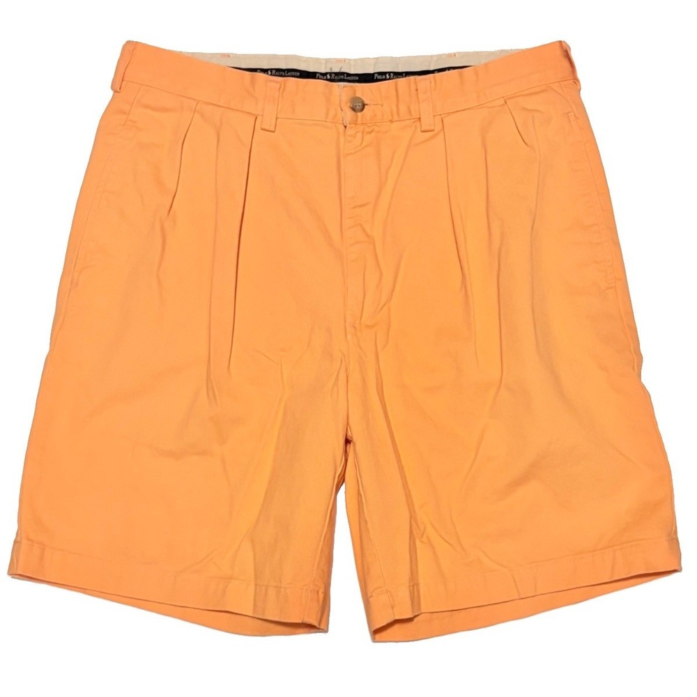 VTG Polo Ralph Lauren Tyler Shorts Mens 34 Double Pleated Orange Chino Cotton